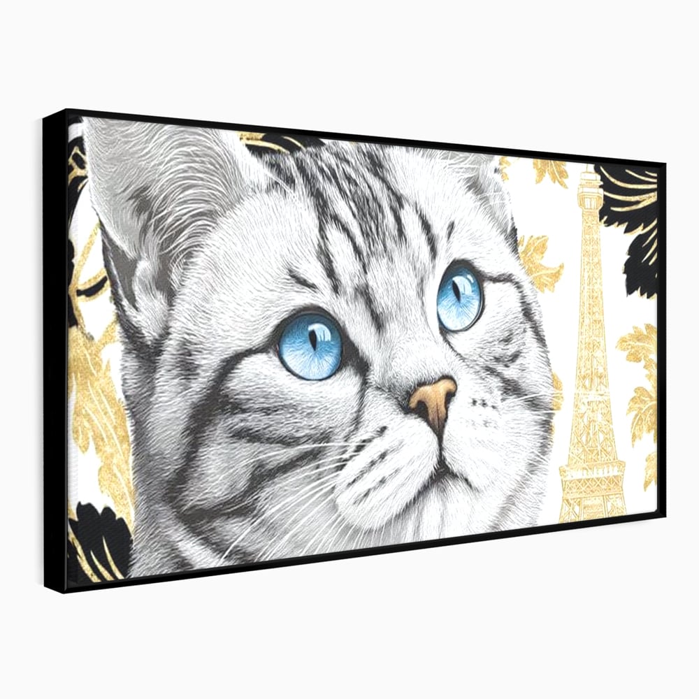 Tablou canvas cu tablou canvas cu pisica si turnul eiffel, in rama de aluminiu negru